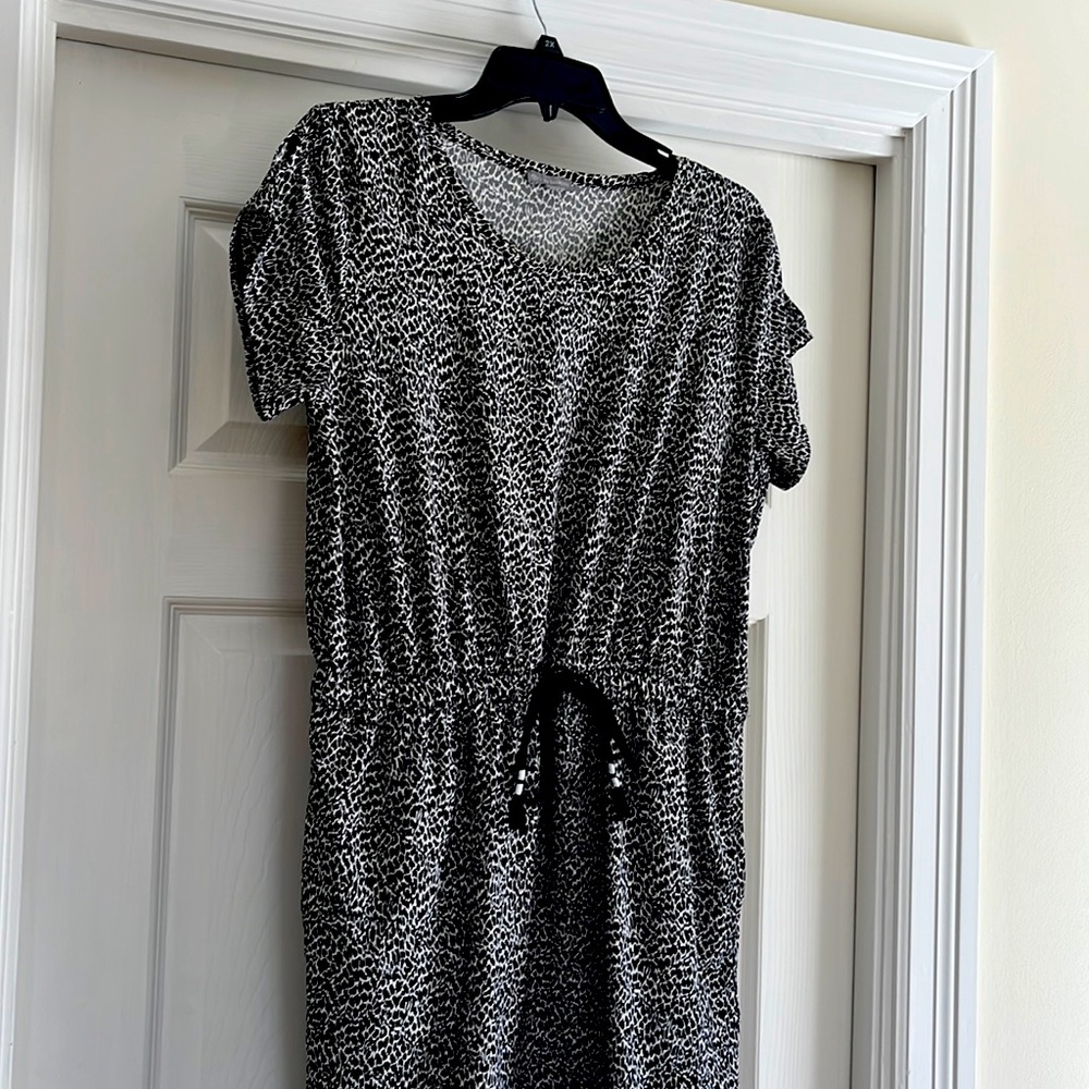 Talbots black and white shirt sleeve dress.